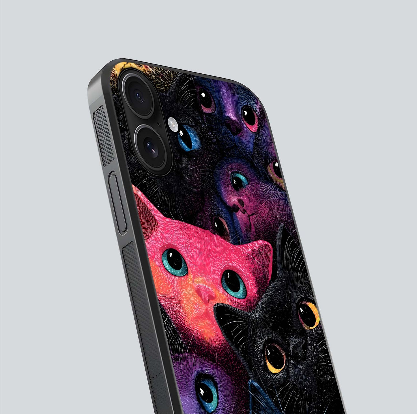 Cosmic Cats Dreams Glass Case for iPhone 16 close-up highlighting cats and cosmic glow reflection