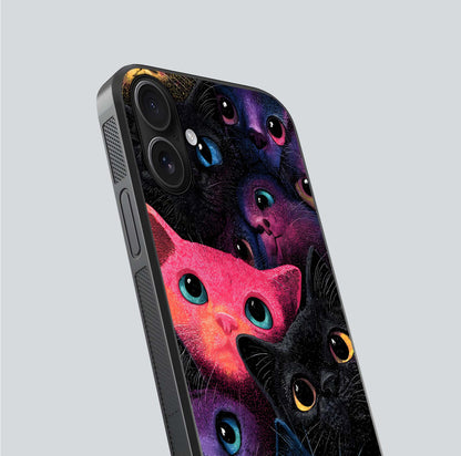 Cosmic Cats Dreams Glass Case for iPhone 16 close-up highlighting cats and cosmic glow reflection