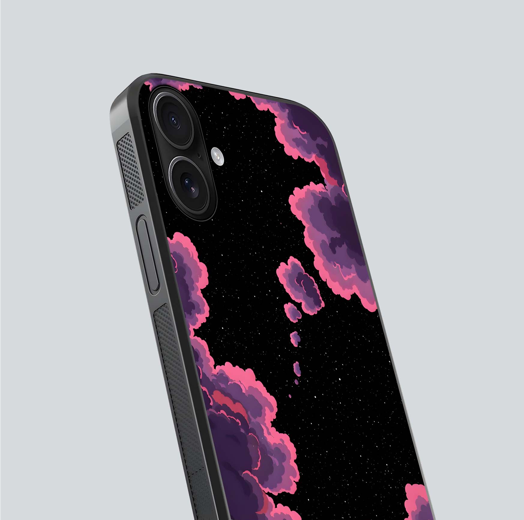 Cosmic Cloud Journey Glass Case for iPhone 16 close-up highlighting star clusters and reflection texture
