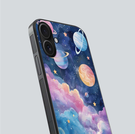 Cosmic Planet Dreams Glass Case for iPhone 16 close-up highlighting planetary details and reflection glow