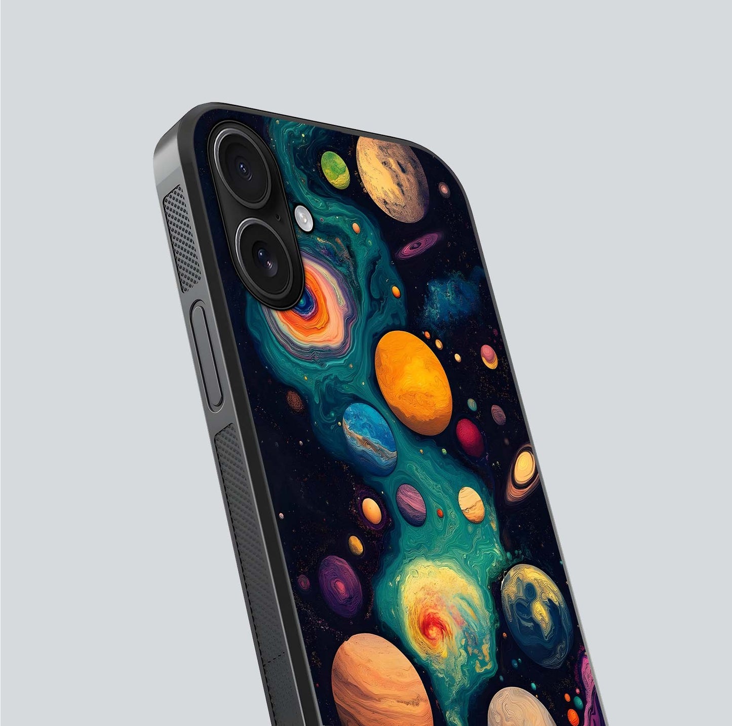 Cosmic Planet Journey Glass Case for iPhone 16 close-up highlighting planets, stars, and shine reflection