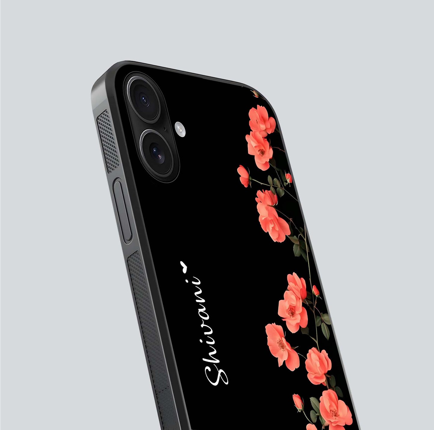 Crimson Bloom Grace Custom Name Glass Case for iPhone 16 close-up highlighting flower pattern and reflection texture