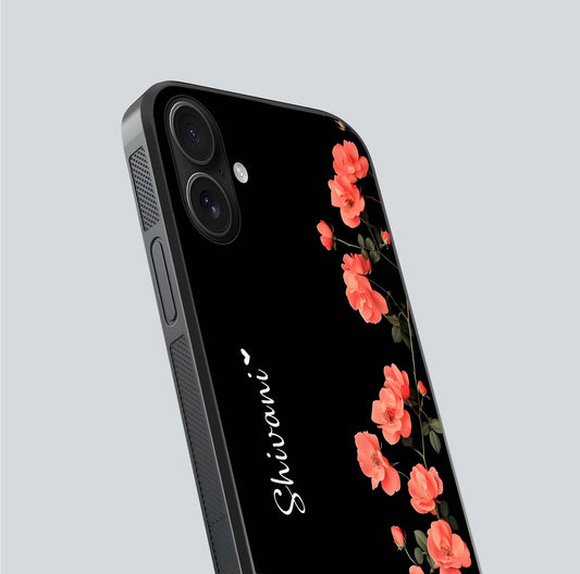 Crimson Bloom Grace Custom Name Glass Case for iPhone 16 close-up highlighting flower pattern and reflection texture