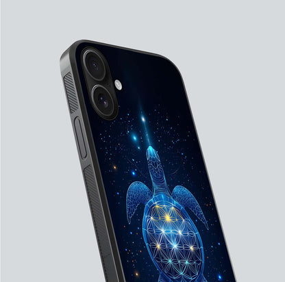Crimson Blue Turtle Glass Case for iPhone 16 close-up highlighting turtle shell detail and shine reflection