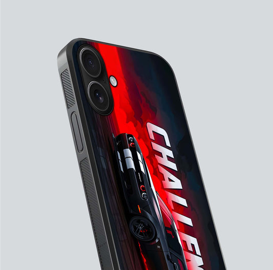 Crimson Challenger Fury Glass Case for iPhone 16 close-up highlighting car details and reflection depth