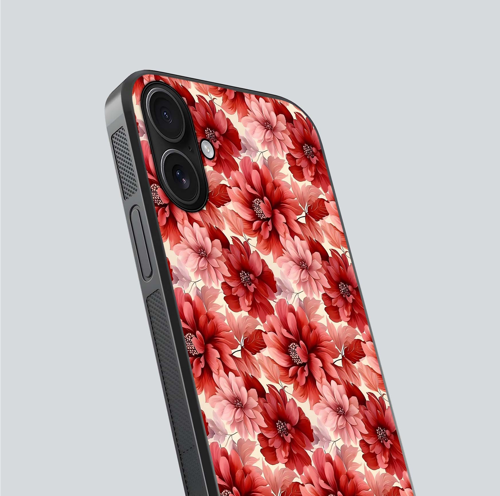 Crimson Love Petals Glass Case for iPhone 16 close-up highlighting petal texture and light reflection