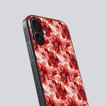 Crimson Love Petals Glass Case for iPhone 16 close-up highlighting petal texture and light reflection