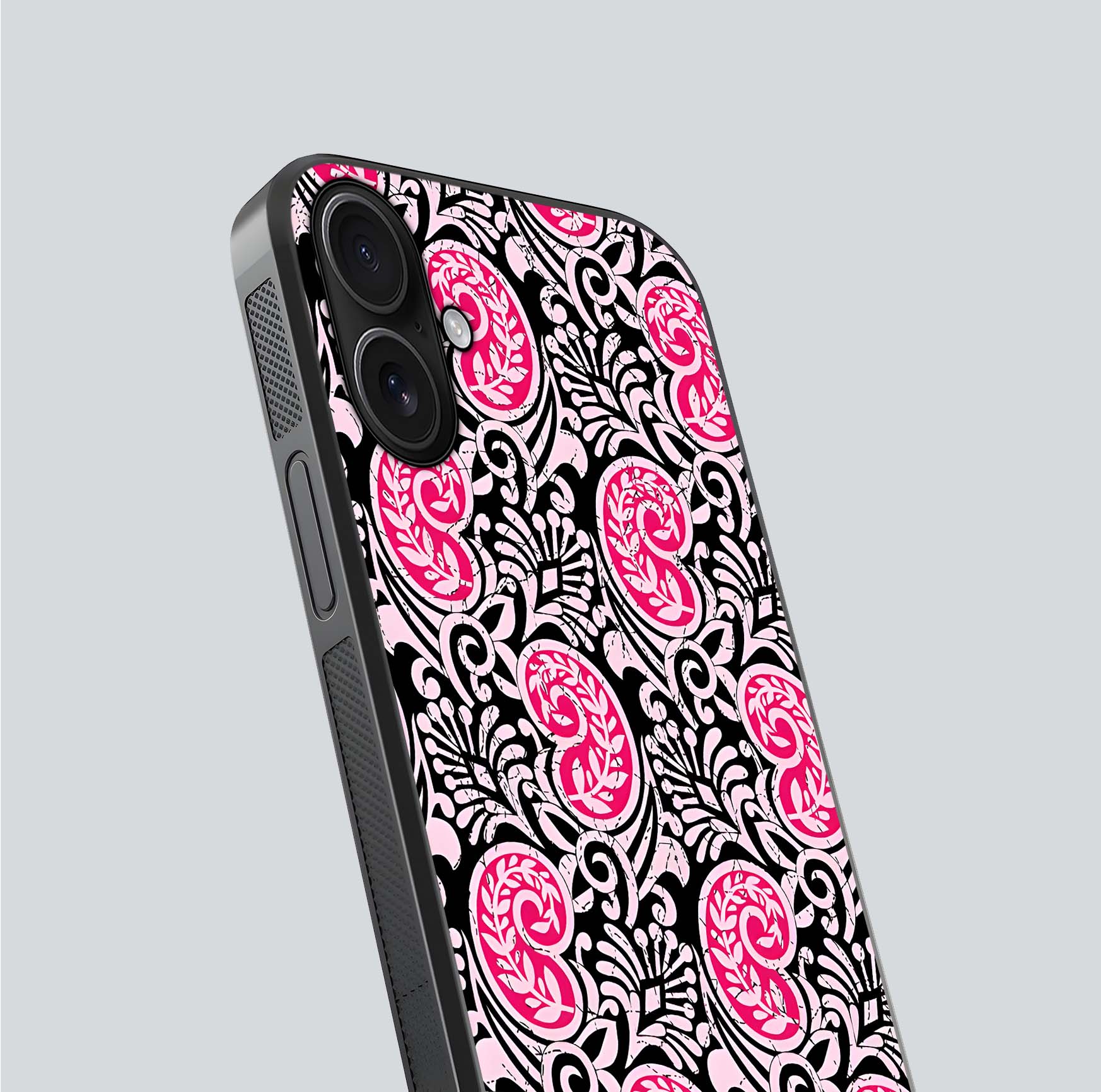 Crimson Paisley Charm Glass Case for iPhone 16 close-up highlighting fine pattern detail and reflection tone