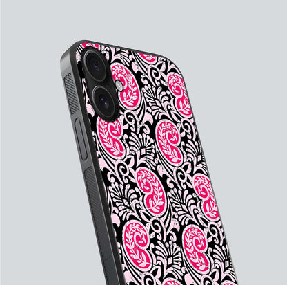 Crimson Paisley Charm Glass Case for iPhone 16 close-up highlighting fine pattern detail and reflection tone