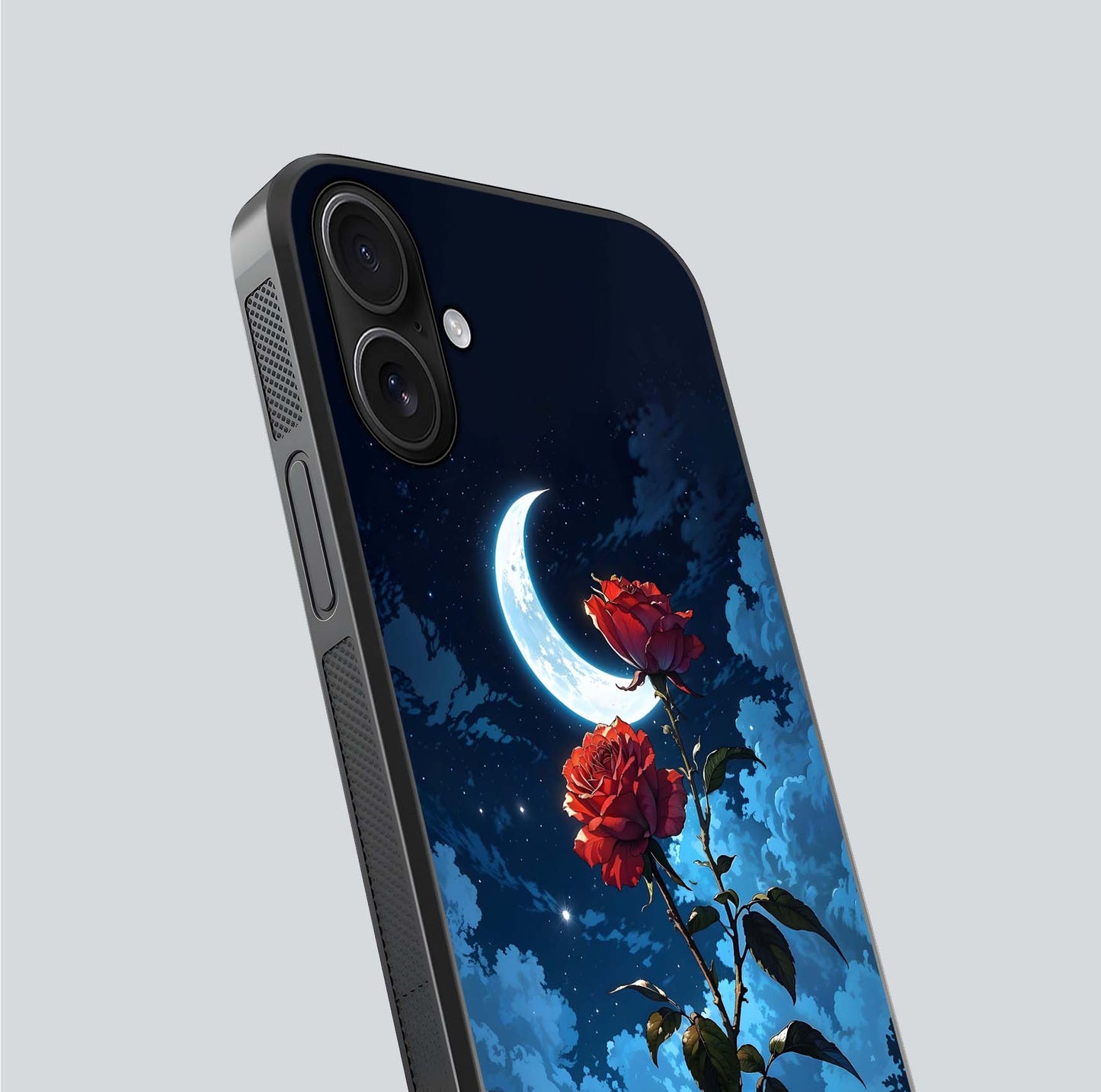 Crimson Rose Moon Glass Case for iPhone 16 close-up showing rose detail and reflection highlight