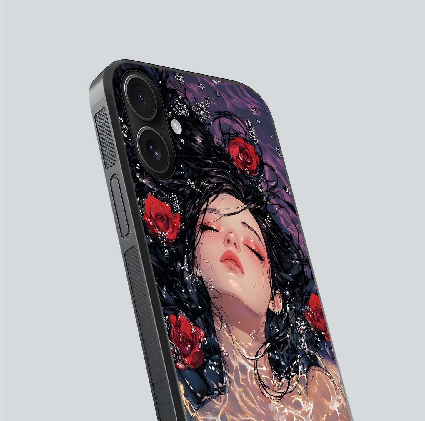 Crimson Rose Serenity Glass Case for iPhone 16 close-up highlighting rose gradient and reflection detail