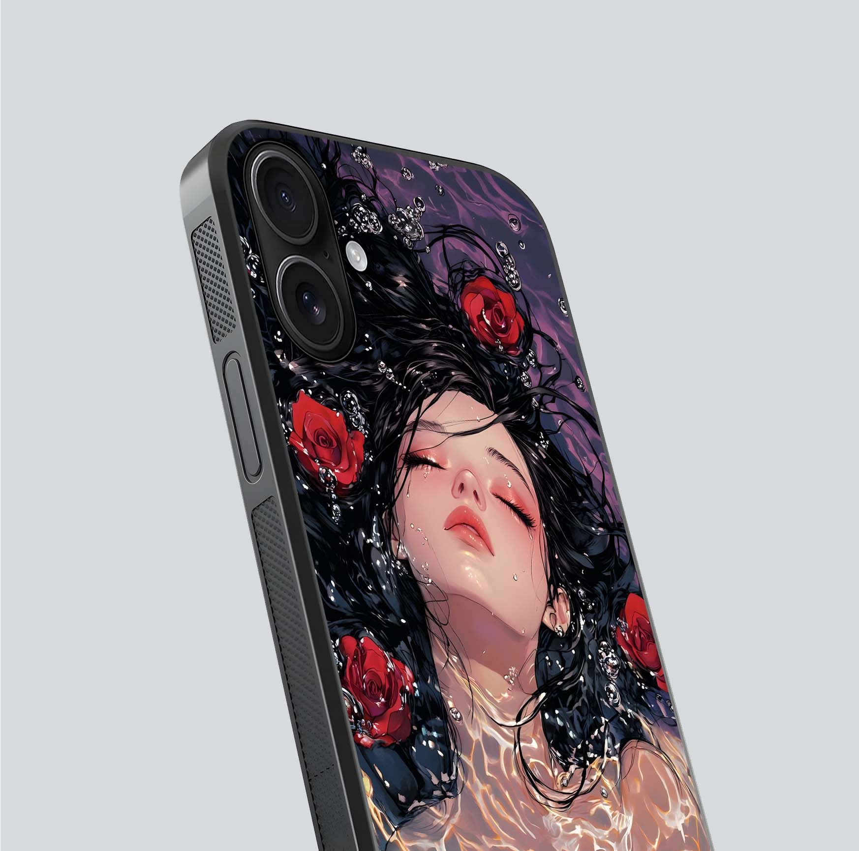 Crimson Rose Serenity Glass Case for iPhone 16 close-up highlighting rose gradient and reflection detail