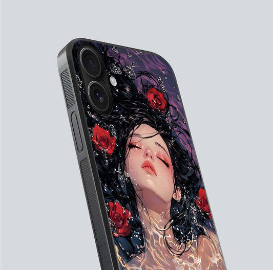 Crimson Rose Serenity Glass Case for iPhone 16 close-up highlighting rose gradient and reflection detail