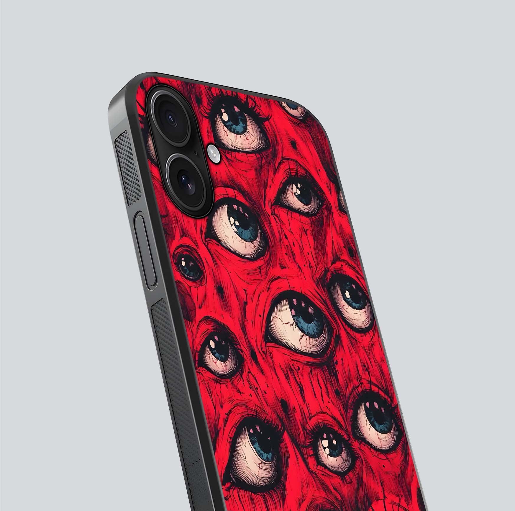 Crimson Watch Eyes Glass Case for iPhone 16 close-up highlighting graphic detail and reflection