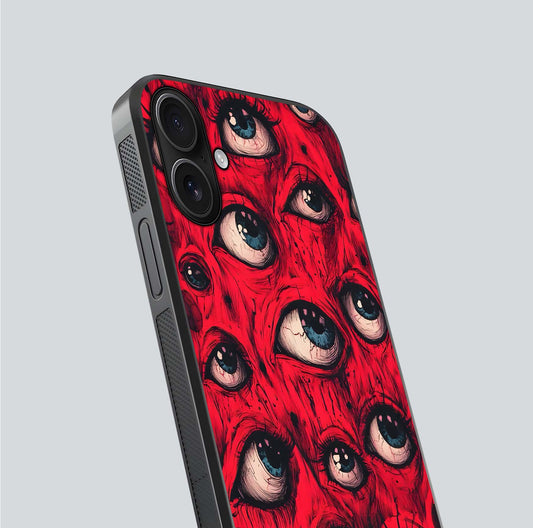 Crimson Watch Eyes Glass Case for iPhone 16 close-up highlighting graphic detail and reflection