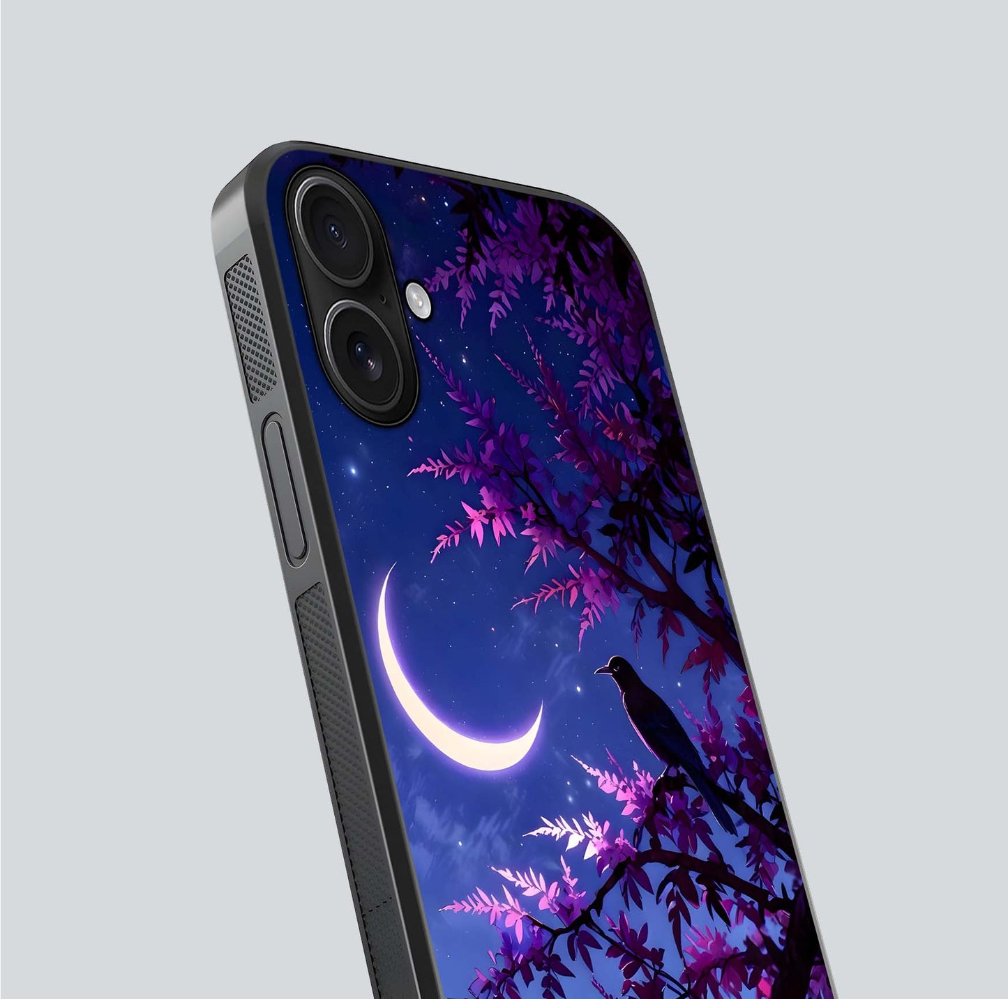 Crow & Moon Scenery Glass Case for iPhone 16 close-up highlighting moon detail, dark tones, and glass reflection