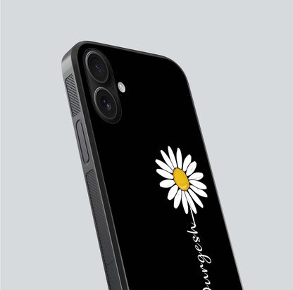 Custom Name White Flower Glass Case for iPhone 16 close-up highlighting petals, name print, and reflection polish