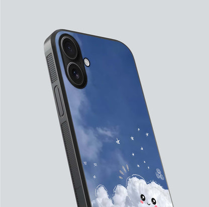 Cute Blossom Cloud Glass Case for iPhone 16 close-up highlighting pink flower tones and reflection glow
