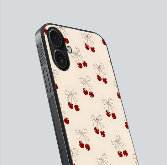 Cute Cherry Pattern Glass Case for iPhone 16 close-up showing cherry cluster details and light reflection