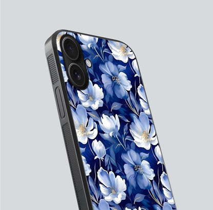 Cute Floral Patterns Glass Case for iPhone 16 close-up highlighting flowers and gloss reflection