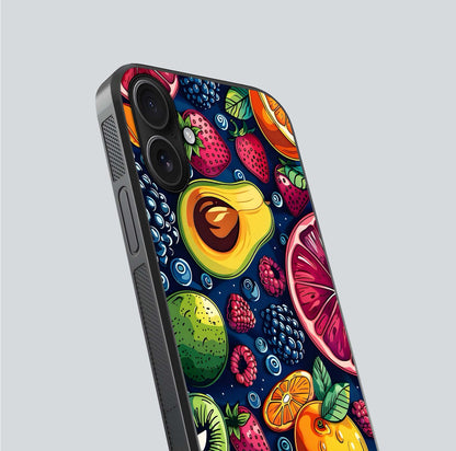 Cute Fruits Art Glass Case for iPhone 16 close-up highlighting fruit shapes, color tones, and reflection polish