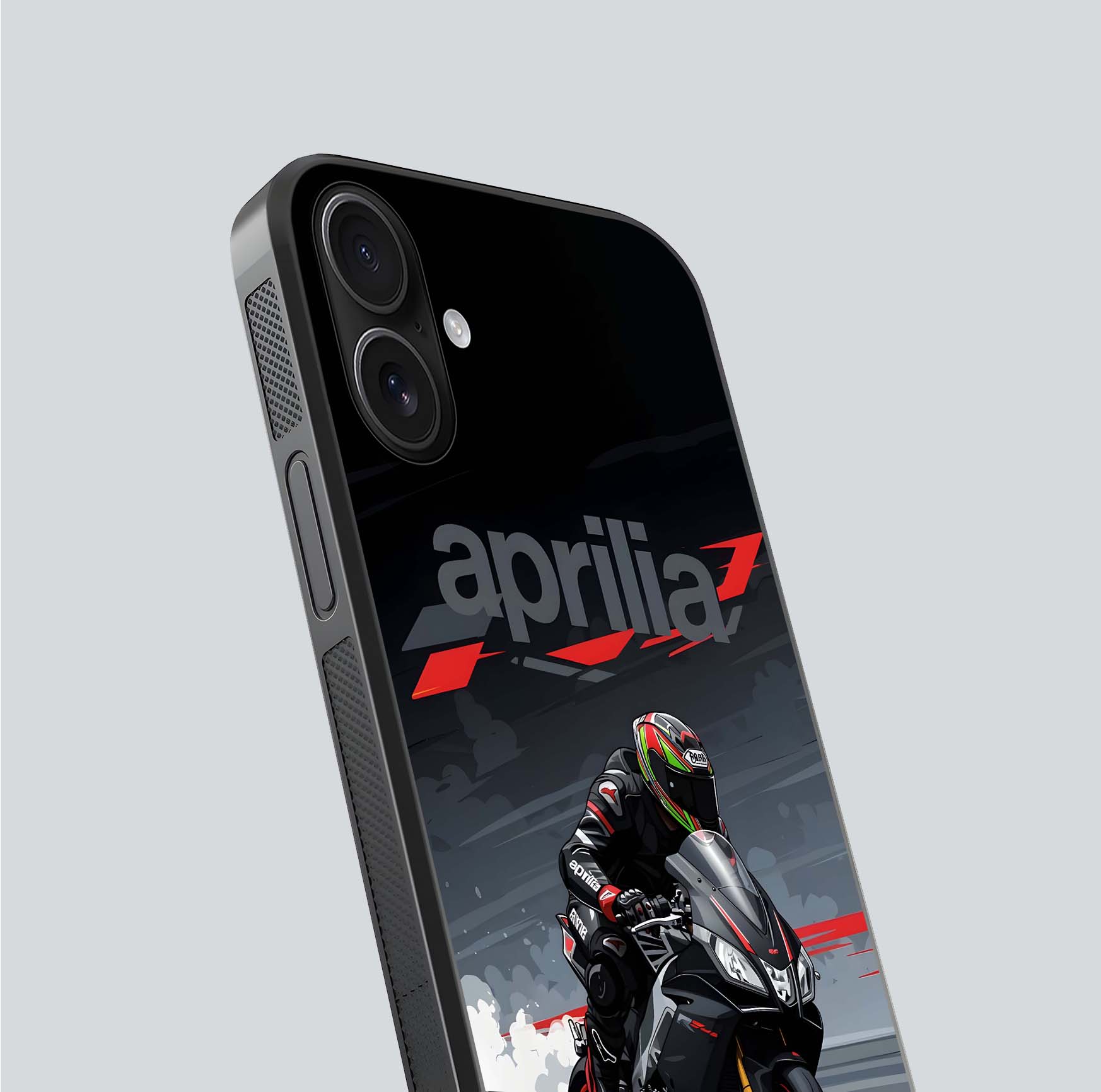 Dark Aprilla Glass Case for iPhone 16 close-up highlighting detailing and reflection effect