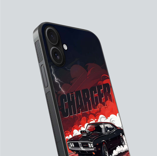 Dark Charger Fury Glass Case for iPhone 16 close-up highlighting car reflection and light gloss