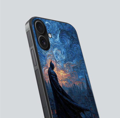 Dark Knight Dusk Glass Case for iPhone 16 close-up highlighting dark suit texture and reflection detail