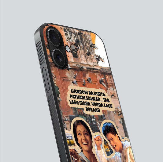 Desi Retro Vibes Glass Case for iPhone 16 close-up highlighting retro color palette and reflection glow