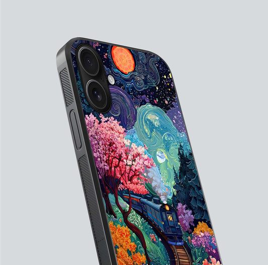 Digital Art Glass Case for iPhone 16 close-up highlighting brush-stroke details and reflection polish