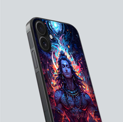 Divine Fire Shiv Glass Case for iPhone 16 close-up highlighting divine detailing and reflection depth