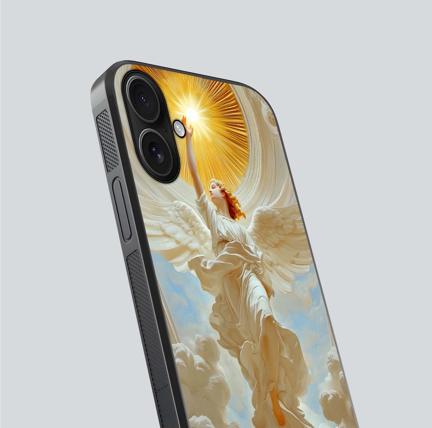 Divine Light Angel Glass Case for iPhone 16 close-up highlighting light rays and glass reflection
