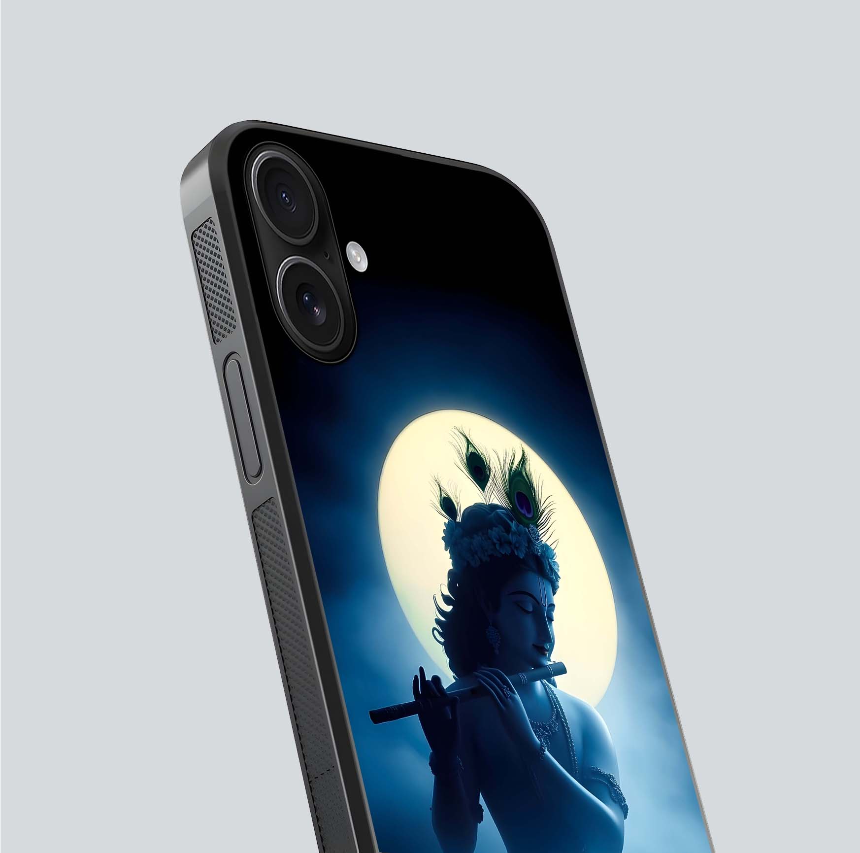 Divine Moon Flute Glass Case for iPhone 16 close-up highlighting flute detail and reflection shine
