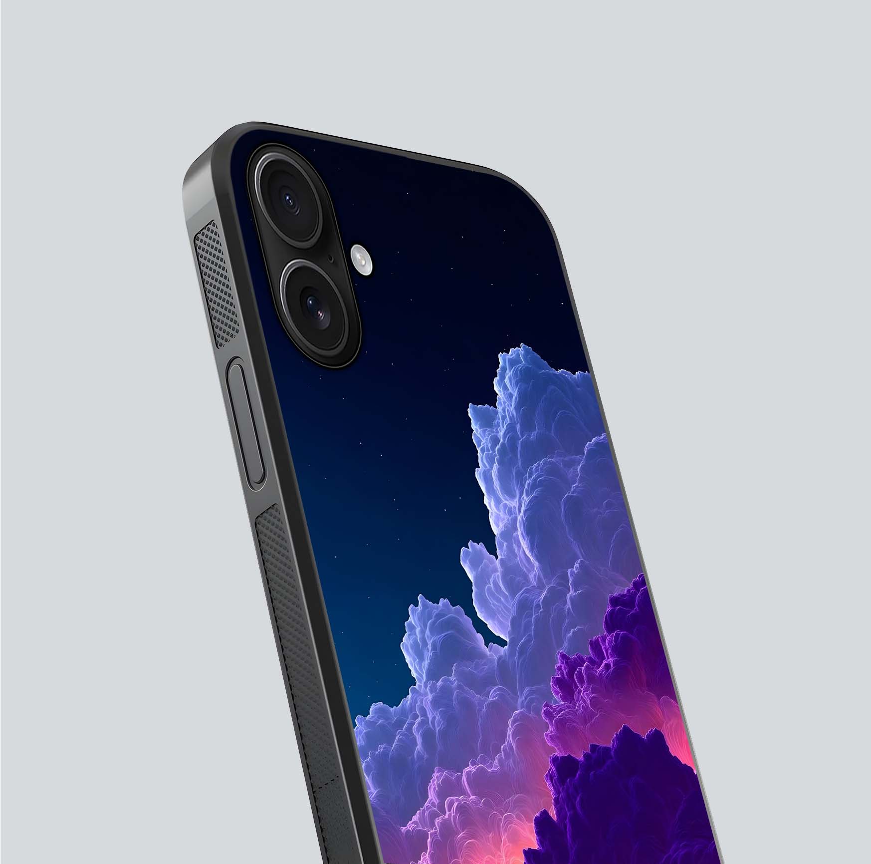 Dreamy Cloud Skies Glass Case for iPhone 16 close-up highlighting soft gradient tones and reflection glow