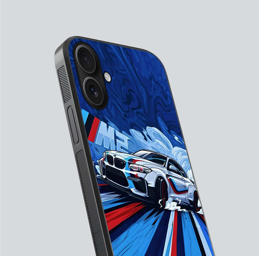 Drift Power Rush Glass Case for iPhone 16 close-up highlighting car reflection and metallic tones