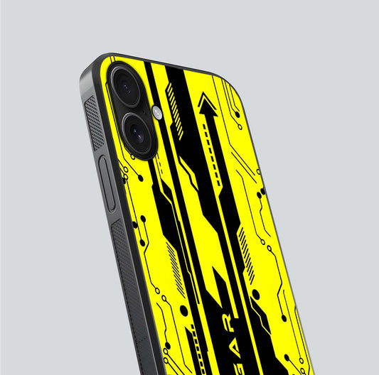 Electric Pulse CYBERPUNK Custom Name Glass Case for iPhone 16 close-up highlighting tech pattern, lighting effect, and reflection shine