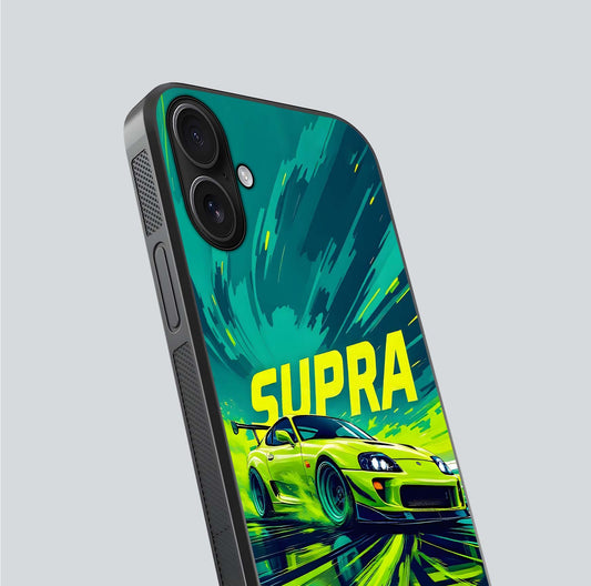 Electric Supra Thunder Glass Case for iPhone 16 close-up highlighting car reflection, neon tones, and gloss polish