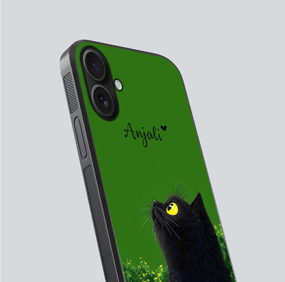 Emerald Cat Custom Name Glass Case for iPhone 16 close-up highlighting feline detail, emerald hues, and reflection polish