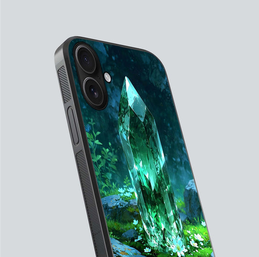 Emerald Light Crystal Glass Case for iPhone 16 close-up highlighting crystal texture and reflection glow