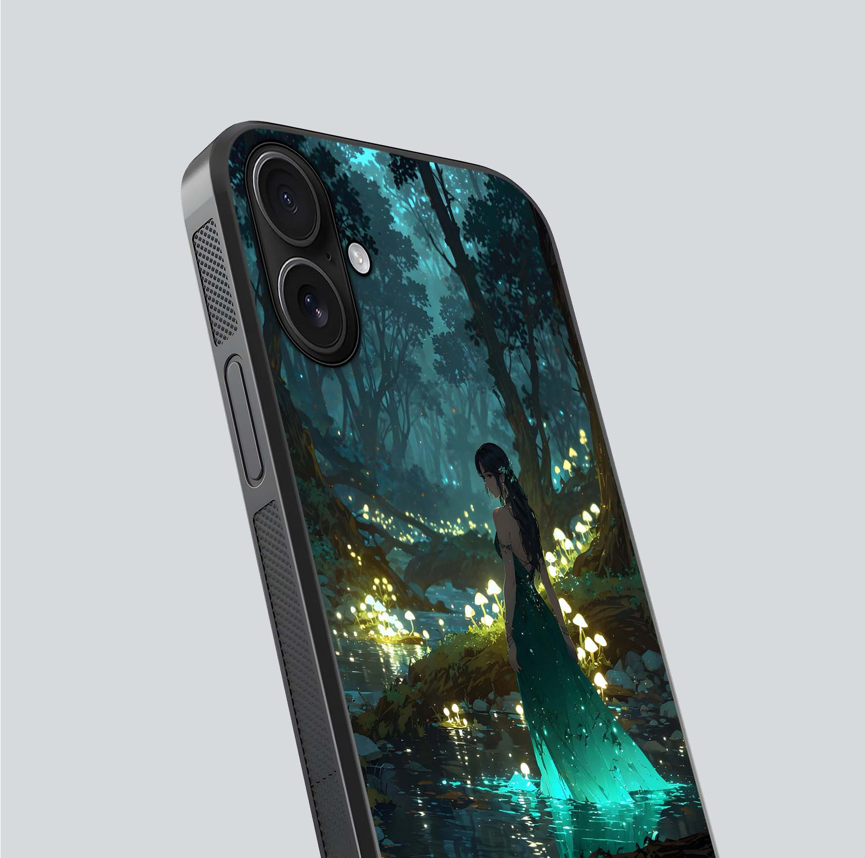 Enchanted Forest Glow Glass Case for iPhone 16 close-up highlighting trees, lights, and reflection texture