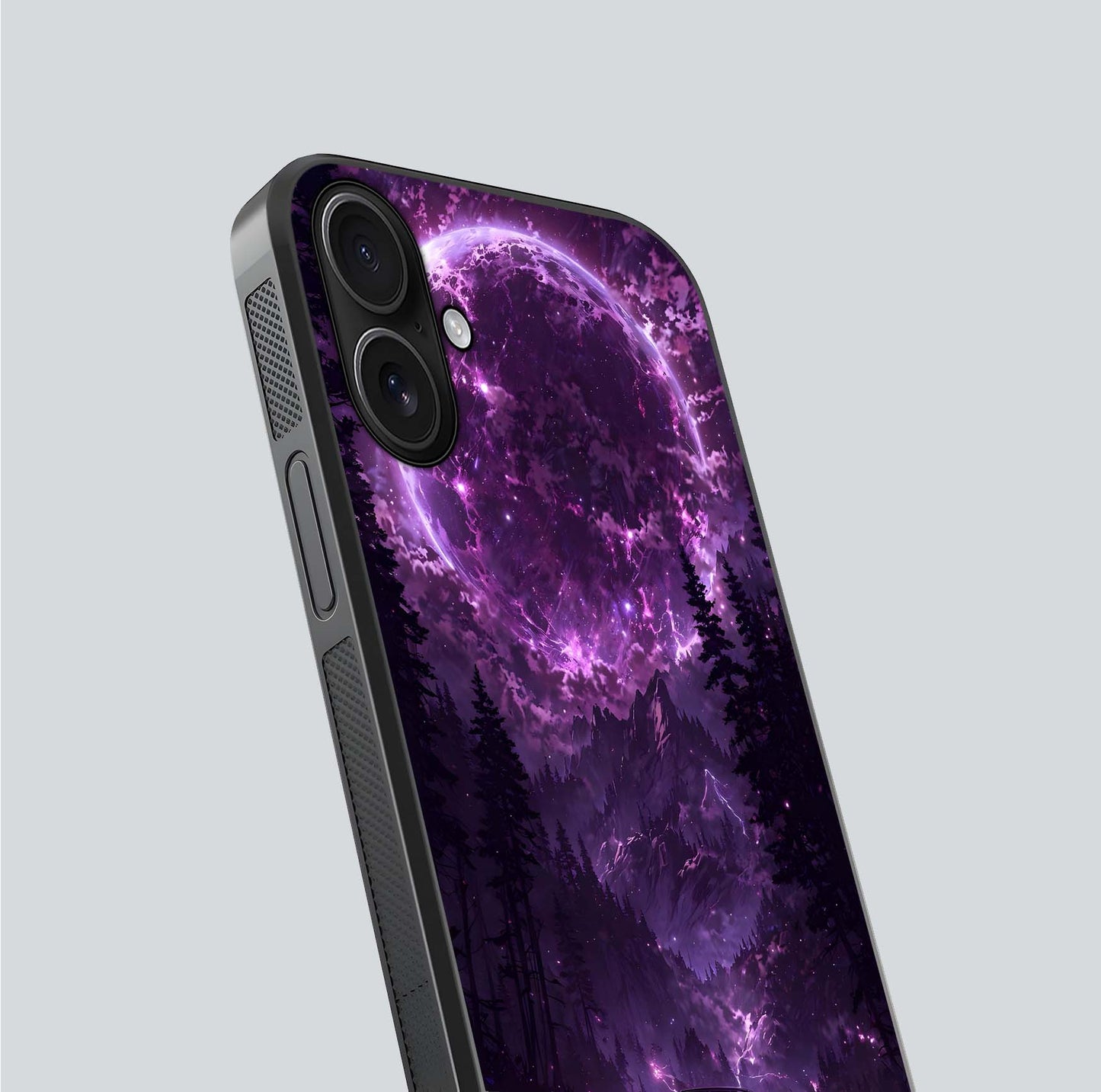 Eternal Cosmic Drive Glass Case for iPhone 16 close-up highlighting cosmic lights and reflection depth