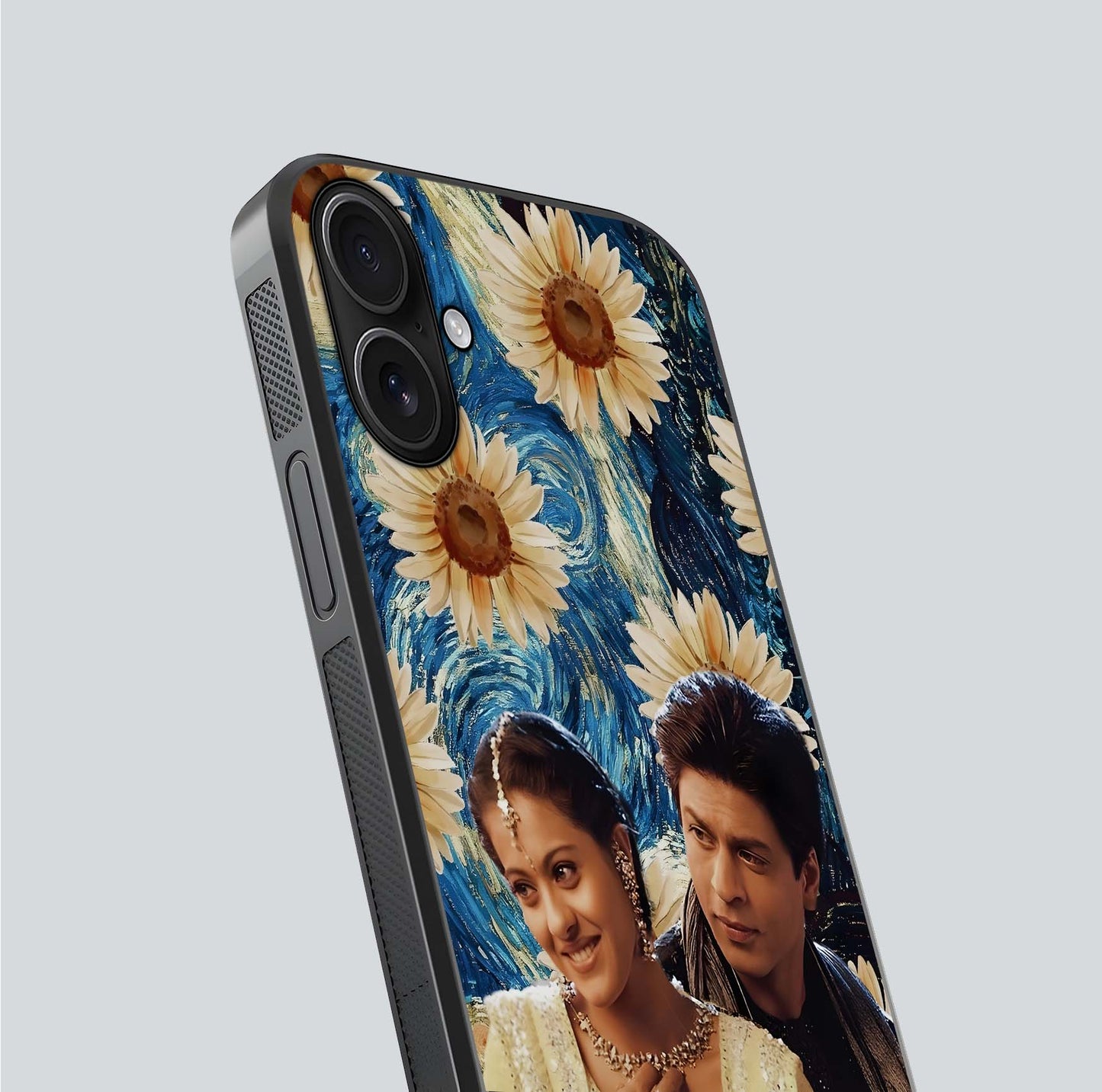 Eternal Love Story Glass Case for iPhone 16 close-up highlighting couple detail and light reflection