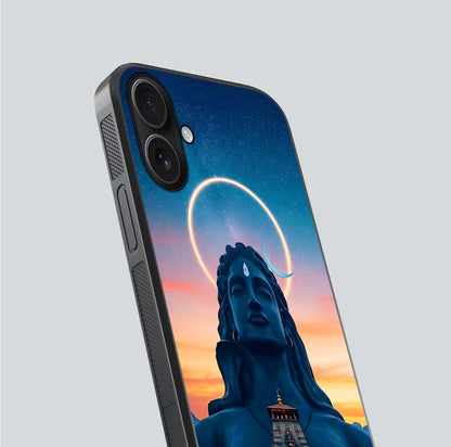 Eternal Shiva Aura Glass Case for iPhone 16 close-up highlighting divine detailing and reflection light