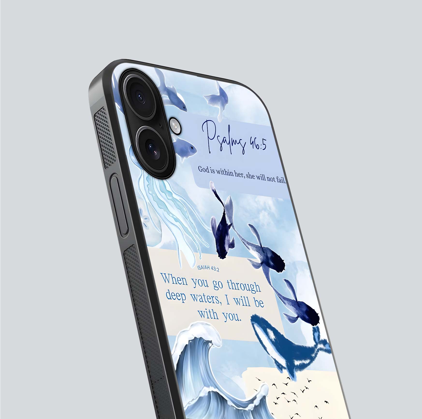 Faithful Ocean Promise Glass Case for iPhone 16 close-up highlighting water reflection and serene blue tones