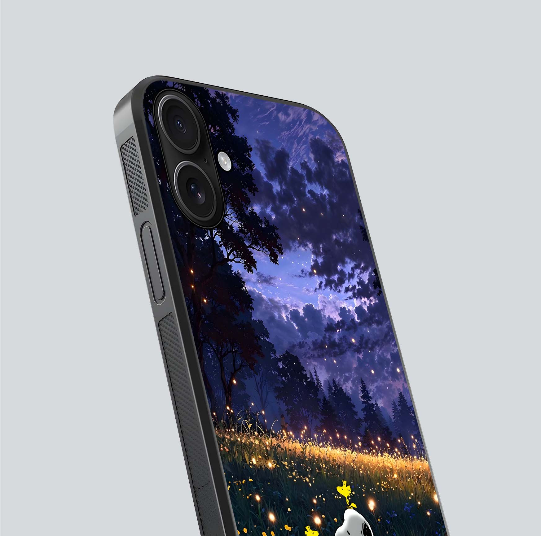 Firefly Meadow Magic Glass Case for iPhone 16 close-up highlighting luminous firefly light and reflection detail