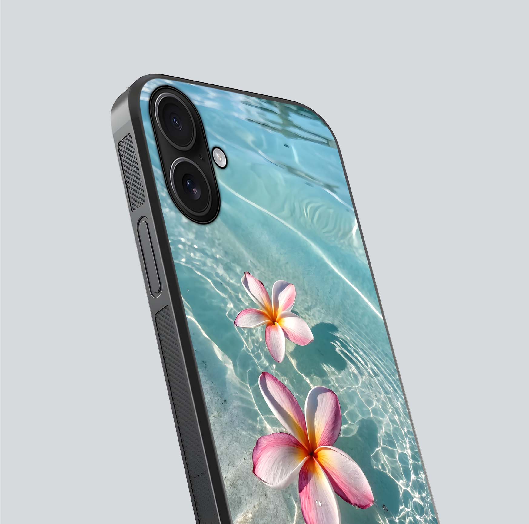 Floating Bloom Bliss Glass Case for iPhone 16 close-up highlighting petal detail and reflection tone