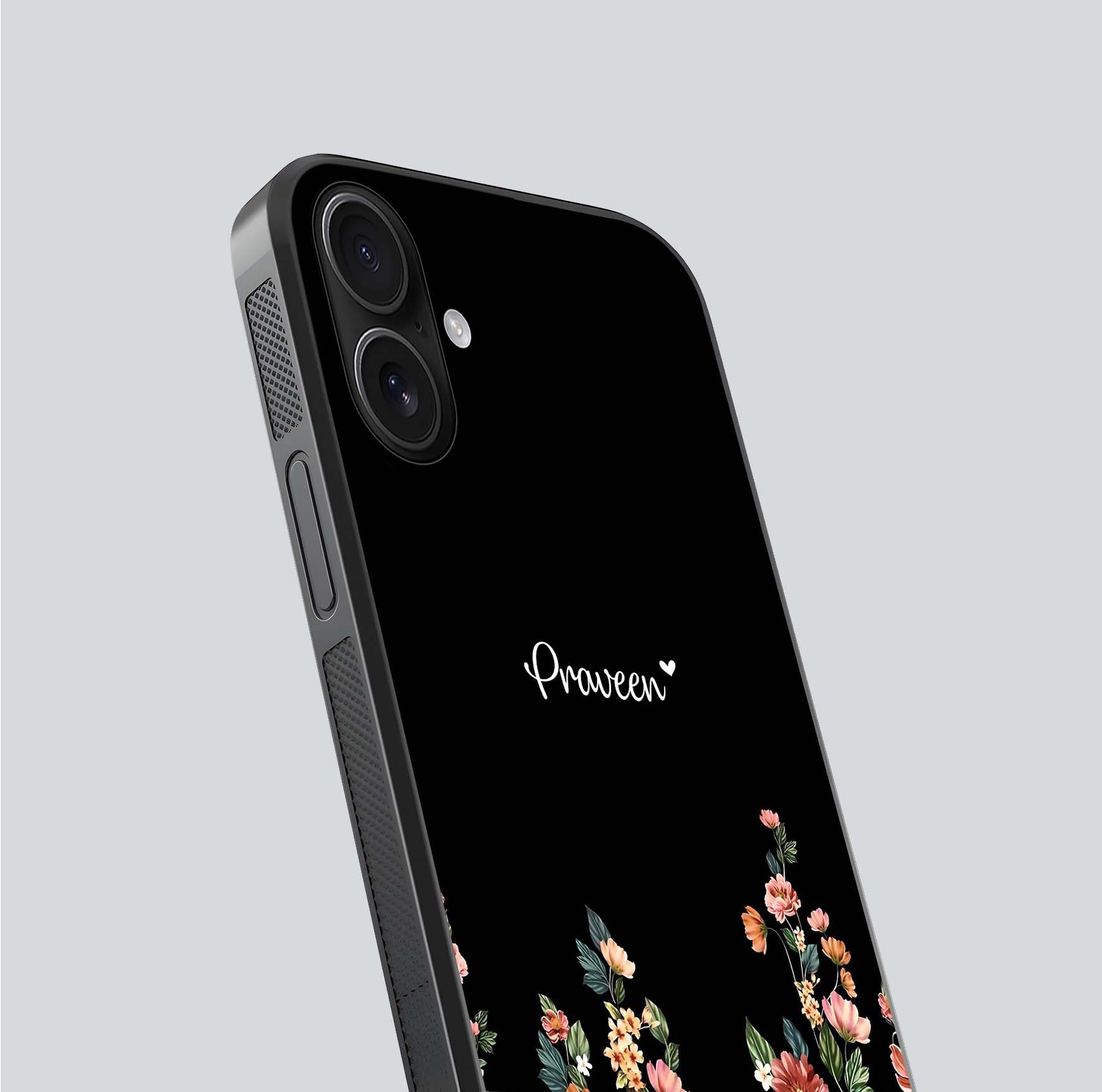 Floral Design Personalized Custom Name Glass Case for iPhone 16 close-up highlighting name clarity, petals, and gloss