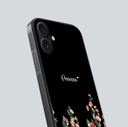 Floral Design Personalized Custom Name Glass Case for iPhone 16 close-up highlighting name clarity, petals, and gloss