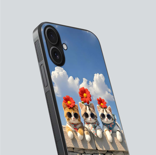 Floral Kitty Squad Glass Case for iPhone 16 close-up highlighting cat detail and flower patterns with HD shine