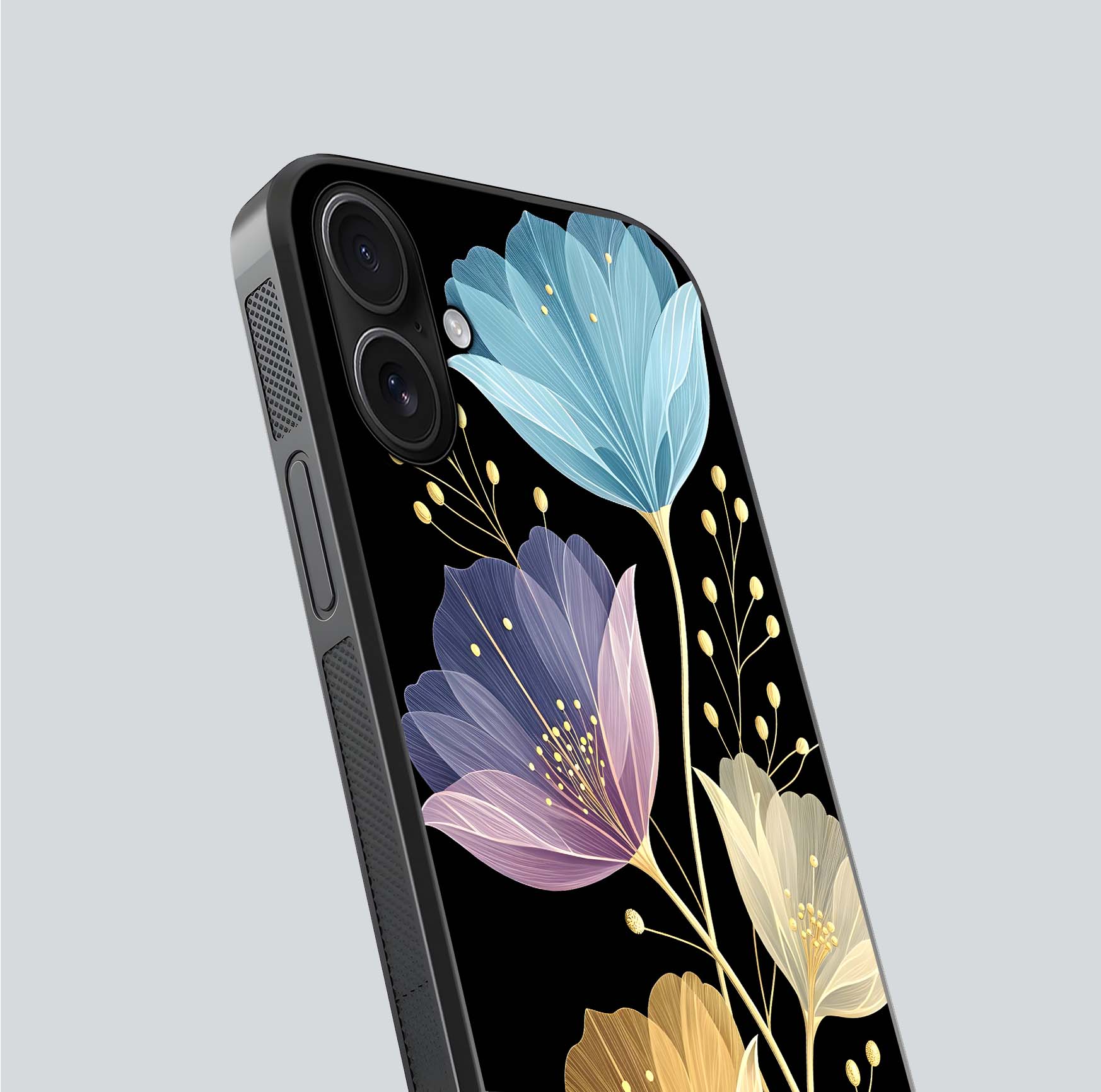 Flower Bloom Glow Glass Case for iPhone 16 close-up highlighting bloom detail and reflection polish